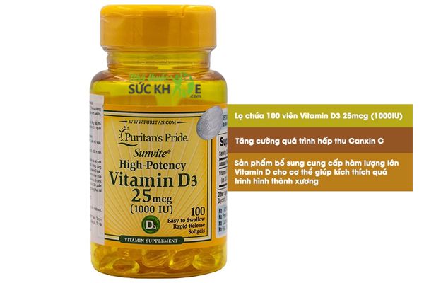 Viên uống Puritan's Pride Sunvite High Potency Vitamin D3 1000 IU