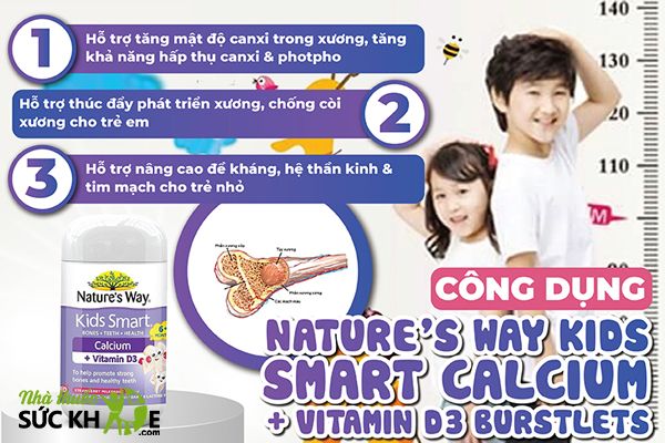 Kẹo canxi cho bé 1 tuổi canxi Bursts Vitamin D3 Kids Smart Nature’s Way