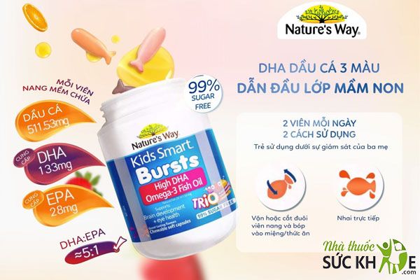 Vitamin tổng hợp cho bé dạng kẹo DHA Nature's Way Kids Smart Bursts High DHA Omega-3 Fish Oil Trio