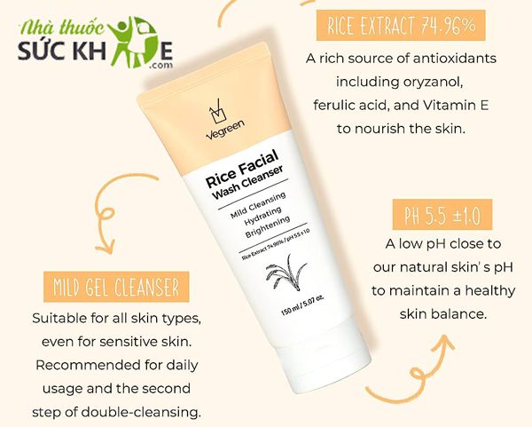 Sữa rửa mặt gạo Vegreen Rice Facial Wash Cleanser