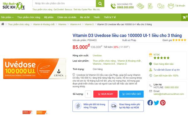 Uvedose Vitamin D3 hiện đang được b&aacute;n tại Nh&agrave; Thuốc Sức Khỏe