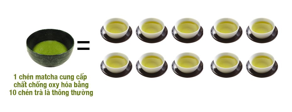 - 1 chén trà Matcha cung cấp chất chống oxy hóa bằng 10 chén trà lá thông thường