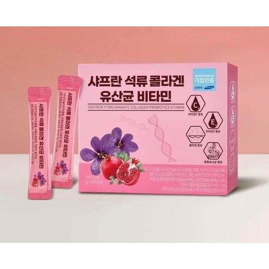 Collagen lựu đỏ nhụy hoa nghệ tây Saffron Bio Cell Hàn Quốc dạng bột hộp 30 gói