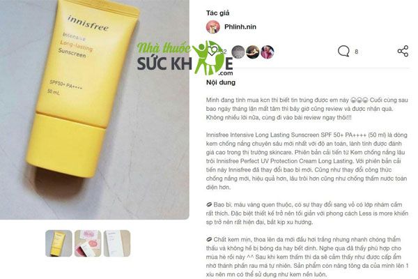 Review kem chống nắng Innisfree Long Lasting SPF50+ 