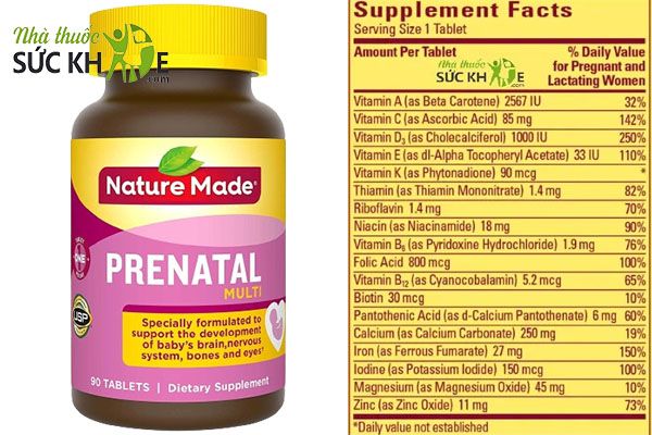 Bảng thành phần của viên vitamin tổng hợp Nature Made Multi Prenatal