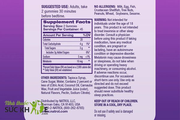 Thành phần có trong viên kẹo dẻo Natrol Gummies 10mg