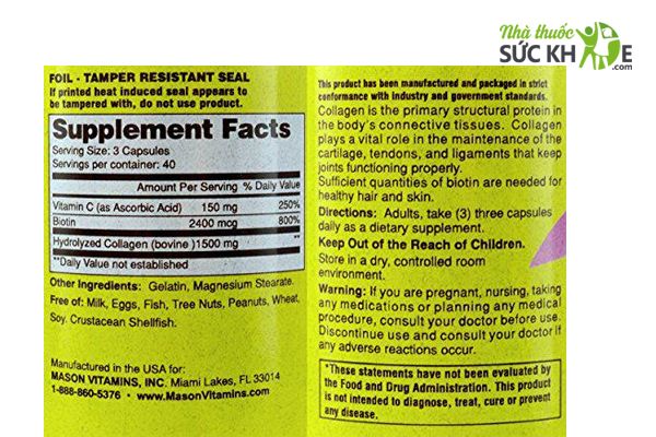 Viên uống đẹp da Mason Natural Collagen 1500 của Mỹ