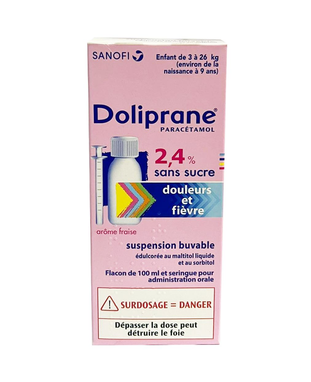 Doliprane sirop sans sucre, Paracetamol 2.4%, Flacon de 100ml, Douleurs et  Fievre de l'enfant de 3 à 26 kg - Sanofi Aventis