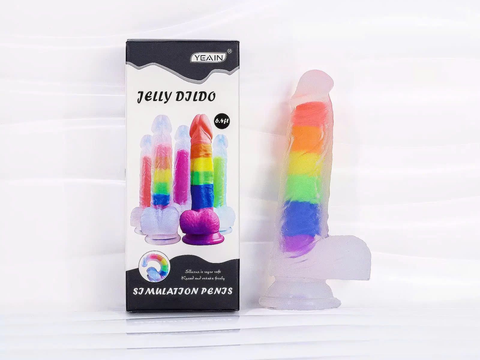 Dương vật giả c&oacute; đế Jelly Dildo trong suốt 7 sắc m&agrave;u cầu vồng
