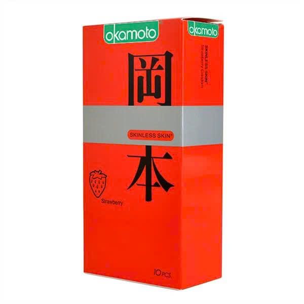Bao Cao Su Okamoto Skinless Skin Strawberry Hương D&acirc;u Hộp 10 C&aacute;i