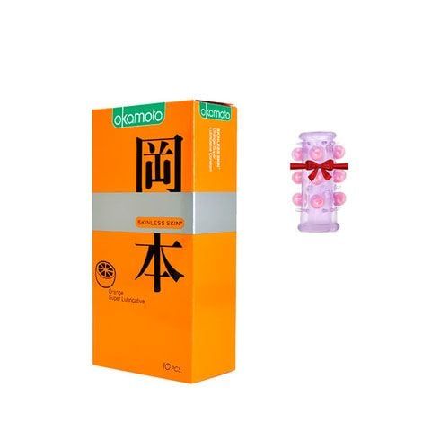 Bao cao su Okamoto si&ecirc;u mỏng hương cam + v&ograve;ng bi cao cấp