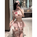 Cosplay Y Tá Anime Khoét Ngực Sexy Phối Ren Lưới Dễ Thương Cao Cấp Váy Xếp Ly Áo Croptop Kèm Quần Lọt Khe Gợi Cảm - N757