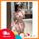 (Che Tên Khi Giao) Cosplay Y Tá Anime Khoét Ngực Sexy Phối Ren Lưới Dễ Thương Cao Cấp Váy Xếp Ly Áo Croptop Kèm Quần Lọt Khe Gợi Cảm - N757 - Snapshop
