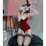 Cosplay Thỏ Ngọc Anime Nhung Dễ Thương Kèm Garter Nịt Tất Sexy Bodysuit Set Ngủ Liền Thân Có Đuôi Bonita Gợi Cảm - N737 Đỏ