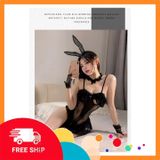 (Che Tên Khi Giao) Cosplay Thỏ Bông Đen Có Đuôi Hở Ngực Siêu Xinh Gợi Cảm Bodysuit Liền Thân Ren Bèo Xẻ Đáy Dễ Thương Quyến Rũ - N330 Đen Chuẩn Auth