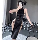 Sườn Xám Gợi Cảm Đan Dây Hông Anime Sexy Quyến Rũ Cosplay Cổ Trang Trung Hoa Gấm Đen Trắng Mềm Mịn - N781 Đen