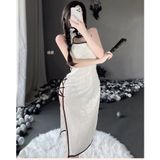 Váy Sườn Xám Đan Dây Hông Sexy Nhung Họa Tiết Hoa Mềm Mịn Gợi Cảm Đồ Ngủ Cosplay Cổ Trang Xẻ Tà Quyến Rũ - N785 Trắng