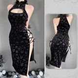 Váy Sườn Xám Đan Dây Hông Sexy Nhung Họa Tiết Hoa Mềm Mịn Gợi Cảm Đồ Ngủ Cosplay Cổ Trang Xẻ Tà Quyến Rũ - N785 Đen