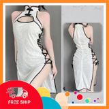 (Che Tên Khi Giao) Váy Sườn Xám Đan Dây Hông Sexy Nhung Họa Tiết Hoa Mềm Mịn Gợi Cảm Đồ Ngủ Cosplay Cổ Trang Xẻ Tà Quyến Rũ - N785 Trắng - Hàng Mới Về