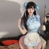Cosplay Sườn Xám Cách Tân Kèm Tạp Dề Siêu Xinh Dễ Thương Set Đồ Cổ Trang Trung Hoa Xẻ Tà Gợi Cảm - N386 Xanh