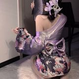 Đồ Ngủ Kimono Nhật Bản Xẻ Ngực Gợi Cảm Sang Trọng Cosplay Sexy Áo Choàng Ngủ Lụa Hoa Anh Đào Quyến Rũ - N841 Tím