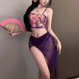 Cosplay Cổ Trang Ren Xuyên Thấu In Hoa Phong Cách Cổ Điển Gợi Cảm Set Ngủ Hanfu Xẻ Tà Cao Cấp Sexy Quyến Rũ - N883 Tím