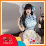(Che Tên Khi Giao) Cosplay Sườn Xám Cách Tân Kèm Tạp Dề Siêu Xinh Dễ Thương Set Đồ Cổ Trang Trung Hoa Xẻ Tà Gợi Cảm - N386 Xanh Bảo Mật Tuyệt Đối
