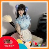 (Che Tên Khi Giao) Cosplay Sườn Xám Cách Tân Kèm Tạp Dề Siêu Xinh Dễ Thương Set Đồ Cổ Trang Trung Hoa Xẻ Tà Gợi Cảm - N386 Xanh Bảo Mật Tuyệt Đối