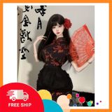 (Che Tên Khi Giao) Cosplay Sườn Xám Cách Tân Kèm Tạp Dề Siêu Xinh Dễ Thương Set Đồ Cổ Trang Trung Hoa Xẻ Tà Gợi Cảm - N386 Đen Bảo Mật Tuyệt Đối