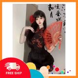 (Che Tên Khi Giao) Cosplay Sườn Xám Cách Tân Kèm Tạp Dề Siêu Xinh Dễ Thương Set Đồ Cổ Trang Trung Hoa Xẻ Tà Gợi Cảm - N386 Đen Bảo Mật Tuyệt Đối