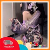 (Che Tên Khi Giao) Đồ Ngủ Kimono Nhật Bản Xẻ Ngực Gợi Cảm Sang Trọng Cosplay Sexy Áo Choàng Ngủ Lụa Hoa Anh Đào Quyến Rũ - N841 Tím Chuẩn Auth