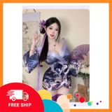 (Che Tên Khi Giao) Đồ Ngủ Kimono Nhật Bản Xẻ Ngực Gợi Cảm Sang Trọng Cosplay Sexy Áo Choàng Ngủ Lụa Hoa Anh Đào Quyến Rũ - N841 Tím Chuẩn Auth
