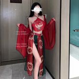 Đồ Cosplay Cổ Trang Trung Hoa Họa Tiết Hoa Cao Cấp Set Hán Phục Áo Yếm Kèm Khăn Choàng Tặng Chip Lọt Khe Gợi Cảm - N794