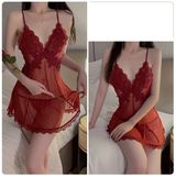 Váy Ngủ Nữ Sexy Voan Xuyên Thấu Phối Ren - N188 Đỏ