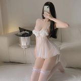 Váy Ngủ Ren Xuyên Thấu Sexy Gợi Cảm Có Mút Gọng Nâng Ngực Cao Cấp Đầm Tiểu Thư 2 Dây Hở Lưng Tặng Chip Quyến Rũ - N224 Trắng