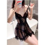 Váy Ngủ Tiểu Thư Ren Xuyên Thấu Sexy Gợi Cảm Cột Nơ Dễ Thương Đầm Công Chúa Xẻ Tà Chấm Bi Quyến Rũ - N235 Đen