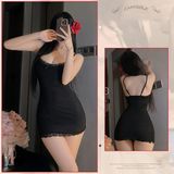Váy Ngủ Ôm Body Tôn Dáng Phối Ren Siêu Xinh Đầm 2 Dây Xẻ Ngực Sang Chảnh Quyến Rũ - N258 Đen