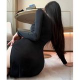 Đầm Ngủ Dài Xẻ Tà Đùi Dáng Ôm Quyến Rũ Cuốn Hút Váy Body Dài Tay Đen Trắng Phong Cách Gợi Cảm Ngọt Ngào - N290 Đen