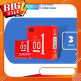 Bao cao su 001 JUNCAI Okamto Superthin Red hộp 3 cái, bcs siêu mỏng 0.01mm trơn mịn công nghệ Nhật Bản
