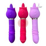 Dương vật giả 2 đầu hoa hồng lưỡi liếm rung nhấp chuyển động đẩy tới và lui