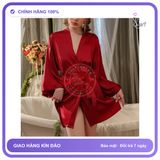 Áo Choàng Ngủ Lụa Tay Dài Cao Cấp Sang N191 Đỏ chính hãng - chất lụa mát mềm, freesize, set đầy đủ phụ kiện - giao hàng che tên kín đáo