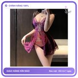 Váy Ngủ Lụa Hai Dây Xẻ Tà Kèm Chip N288 Tím chính hãng - chất lụa mát mềm, phối ren, freesize - giao hàng che tên kín đáo
