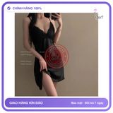 Váy Ngủ Lụa 2 Dây Xinh Phối Ren Hở N282 Đen chính hãng - chất lụa mát mềm, freesize, set đầy đủ phụ kiện - giao hàng che tên kín đáo