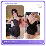 Váy Ngủ Ren Xuyên Thấu Cổ Đổ Kèm Chip N161 Đen chính hãng - phối ren, freesize, set đầy đủ phụ kiện - giao hàng che tên kín đáo