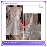 Váy Ngủ Lụa Sexy Phối Ren Hoa Gợi Cảm N136 Trắng chính hãng - chất lụa mát mềm, freesize, set đầy đủ phụ kiện - giao hàng che tên kín đáo