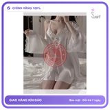 Váy Ngủ Lụa Sexy Phối Ren Hoa Gợi Cảm N136 Trắng chính hãng - chất lụa mát mềm, freesize, set đầy đủ phụ kiện - giao hàng che tên kín đáo