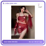 Bộ Đồ Lót Yếm Đào Kèm Khăn Choàng Gợi N884 Đỏ chính hãng - freesize, set đầy đủ phụ kiện, chất vải mềm mát - giao hàng che tên kín đáo