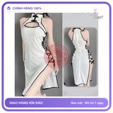 Váy Sườn Xám Đan Dây Hông Sexy Nhung Họa N785 Trắng chính hãng - freesize, chất vải mềm mát, đường may tỉ mỉ - giao hàng che tên kín đáo