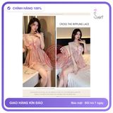 Váy Ngủ Sexy Lụa Phối Ren Chấm Bi Đẹp N169 Hồng chính hãng - chất lụa mát mềm, freesize, chất vải mềm mát - giao hàng che tên kín đáo