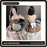 (Che Tên) Đồ Cosplay Sexy Hầu Gái Sọc Caro Nâu Phối Ren Dễ Thương Quyến Rũ Váy Ngủ Maid Kèm Cài Gấu Xinh Đáng Yêu - N571 Hỗ Trợ 24/7